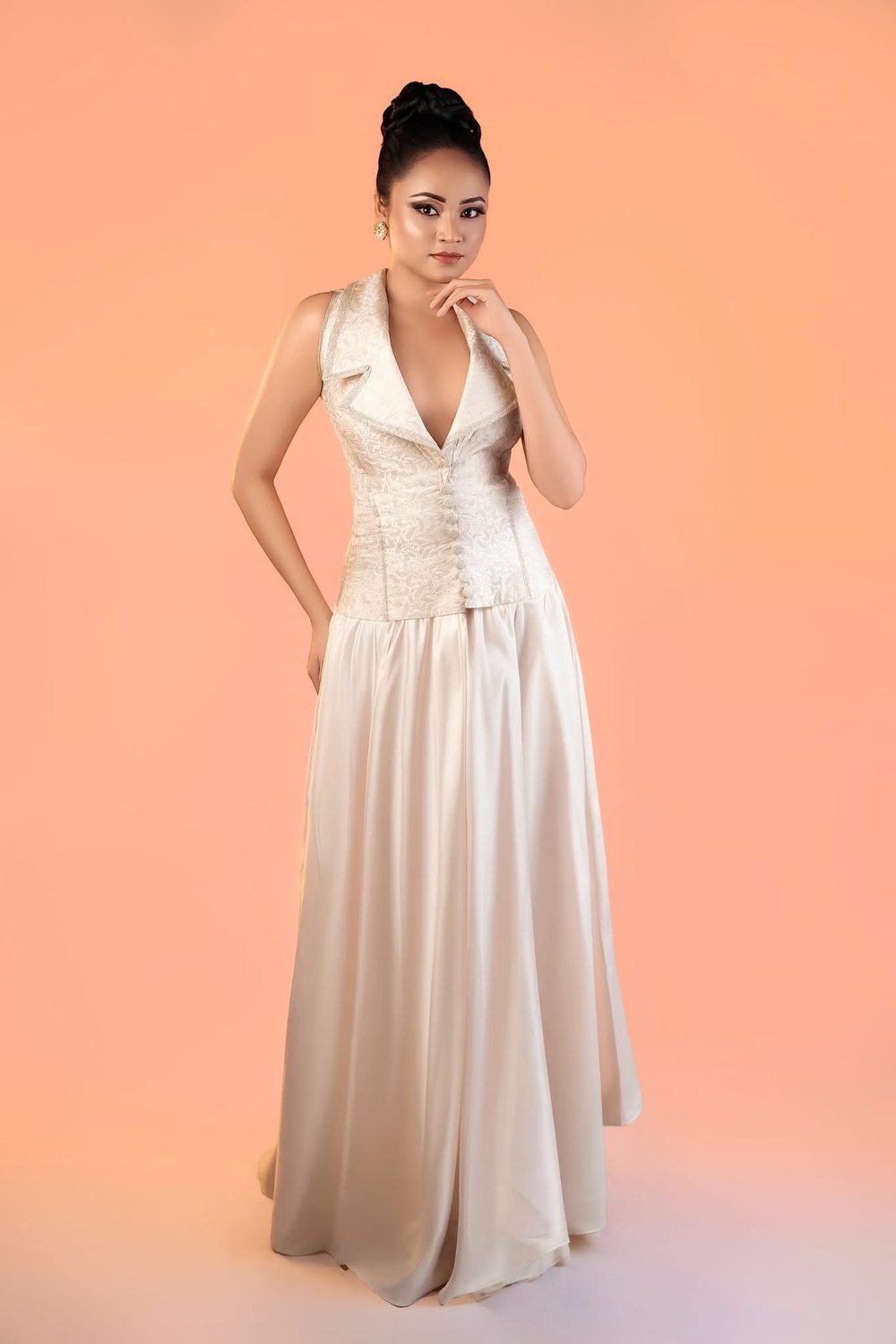 Champagne gown styling with sleek updo by CHANRI